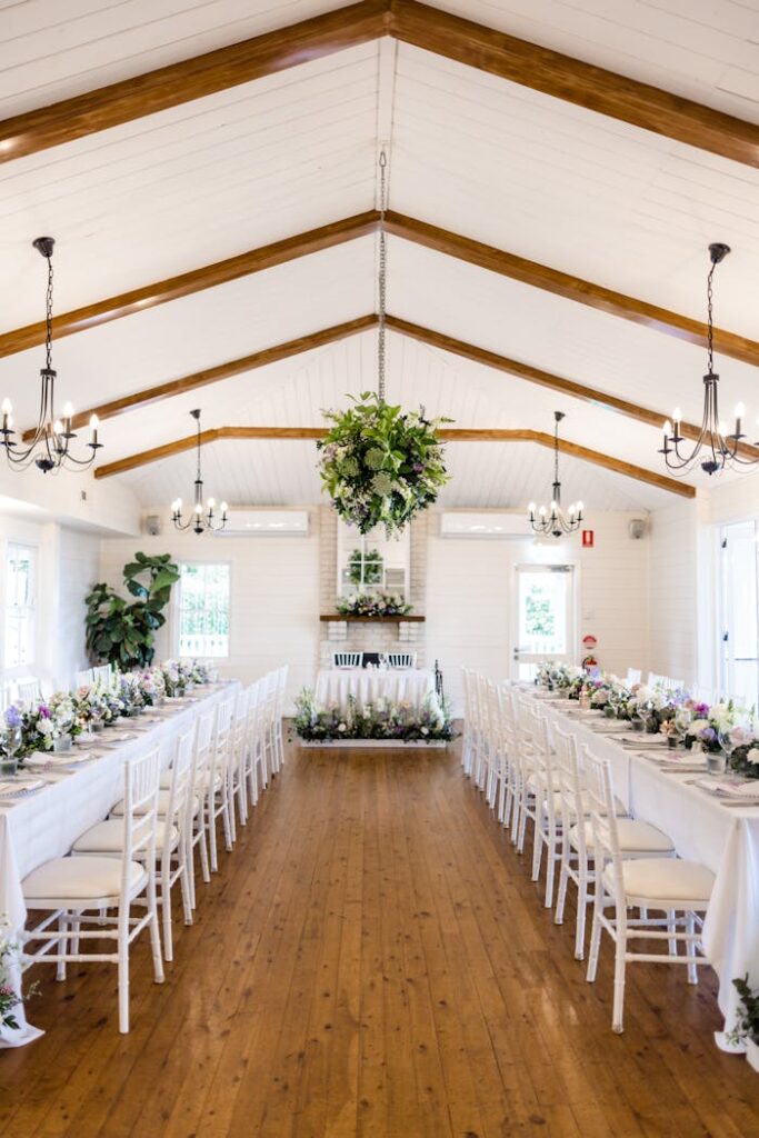 Chic wedding hall in Sunshine Coast with floral arrangements, perfect for gatherings.