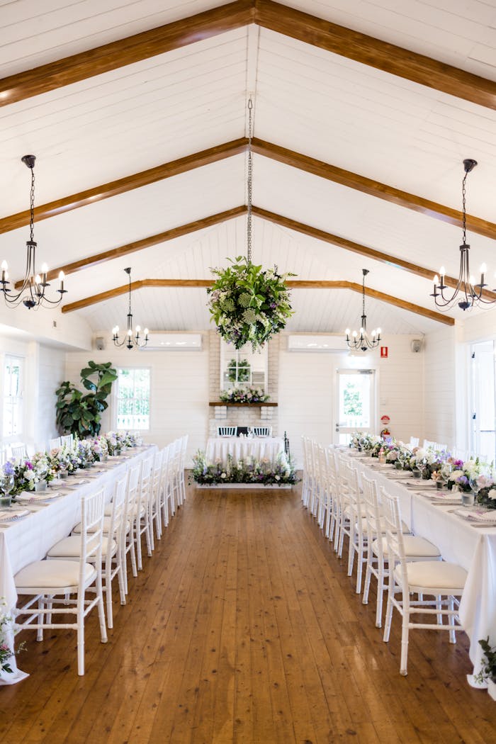 Chic wedding hall in Sunshine Coast with floral arrangements, perfect for gatherings.